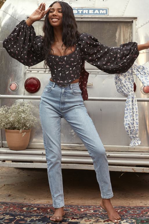 House of CB Jean en denim taille haute bleu pâle Bria N888H643 vêtements