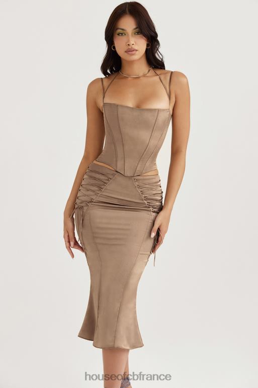 House of CB Sidonie - Jupe mi-longue à lacets en satin latte N888H937 vêtements