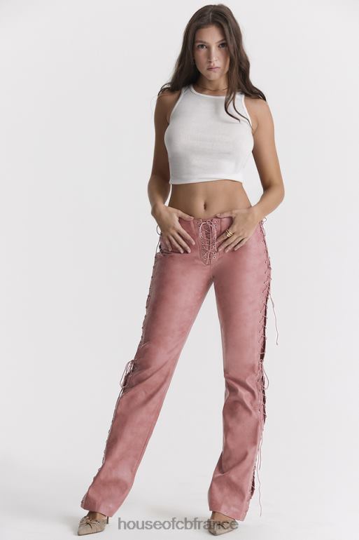 House of CB Drew - Pantalon à lacets en cuir vegan rose chaud N888H866 vêtements
