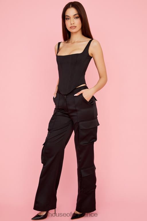House of CB Pantalon cargo droit en satin noir Daria N888H942 vêtements
