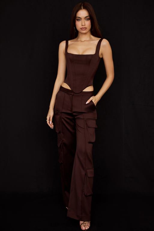 House of CB pantalon cargo en satin chocolat daria N888H939 vêtements