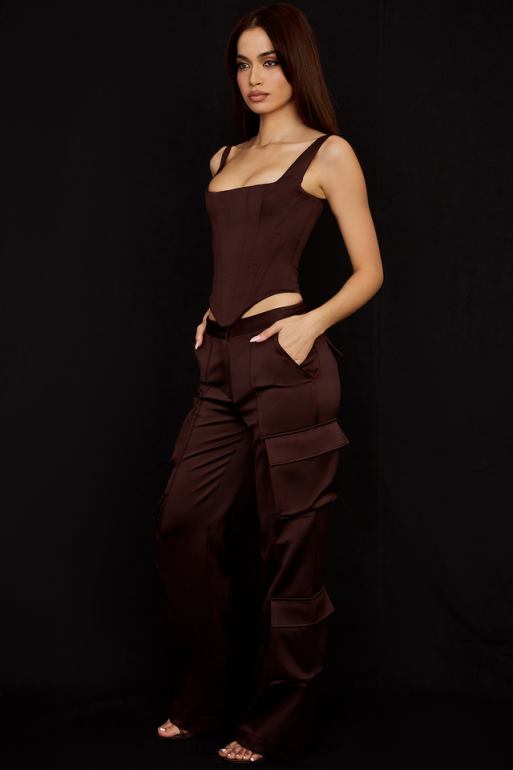 House of CB pantalon cargo en satin chocolat daria N888H939 vêtements