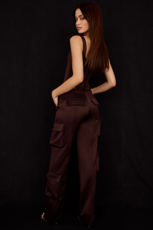 House of CB pantalon cargo en satin chocolat daria N888H939 vêtements