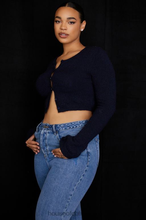 House of CB Cardigan court en tricot duveteux bleu marine Lulie N888H734 vêtements