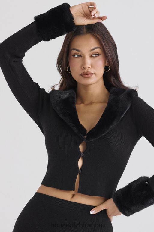 House of CB cardigan noir bordé de fausse fourrure blanche N888H693 vêtements