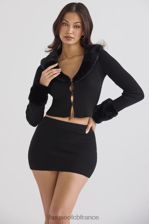 House of CB cardigan noir bordé de fausse fourrure blanche N888H693 vêtements