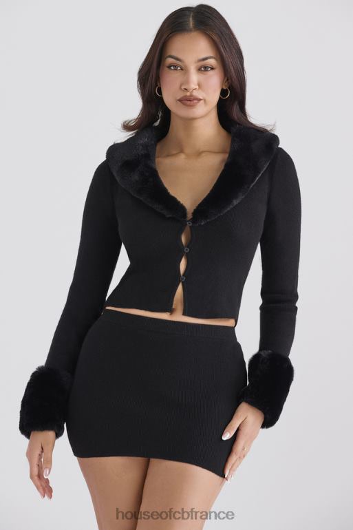 House of CB cardigan noir bordé de fausse fourrure blanche N888H693 vêtements