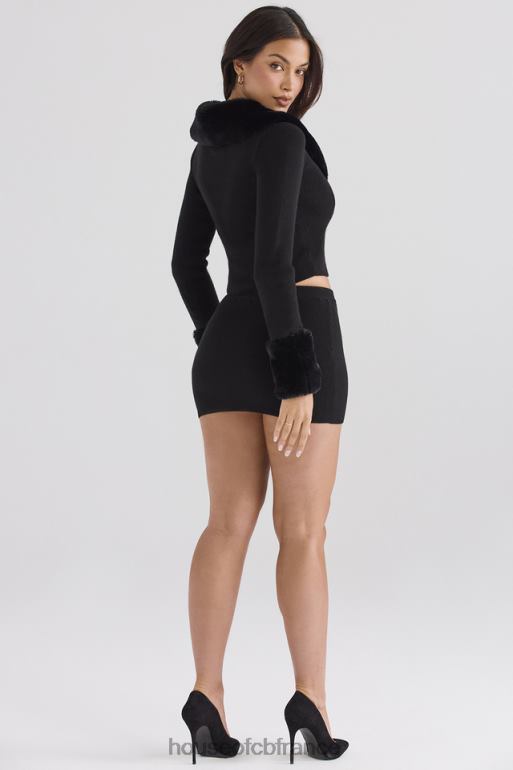 House of CB cardigan noir bordé de fausse fourrure blanche N888H693 vêtements