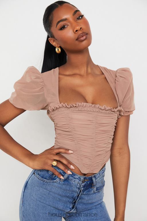 House of CB Nora tan - corset froncé à manches bouffantes en maille N888H90 vêtements
