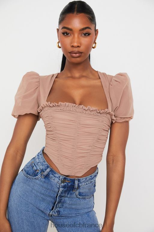 House of CB Nora tan - corset froncé à manches bouffantes en maille N888H90 vêtements