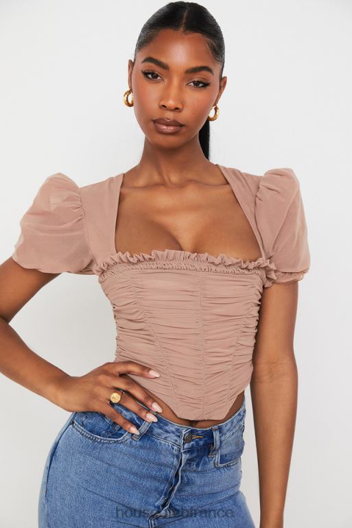 House of CB Nora tan - corset froncé à manches bouffantes en maille N888H90 vêtements