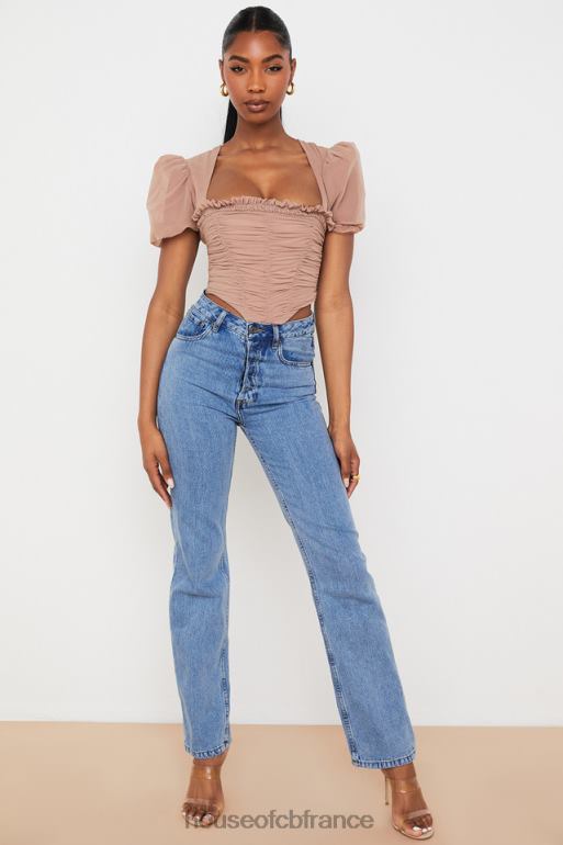 House of CB Nora tan - corset froncé à manches bouffantes en maille N888H90 vêtements