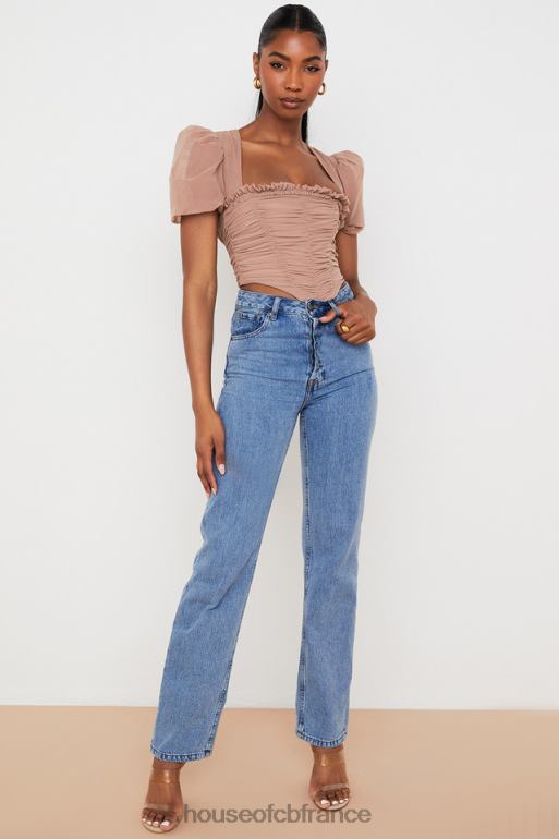 House of CB Nora tan - corset froncé à manches bouffantes en maille N888H90 vêtements
