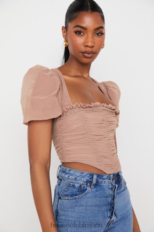 House of CB Nora tan - corset froncé à manches bouffantes en maille N888H90 vêtements