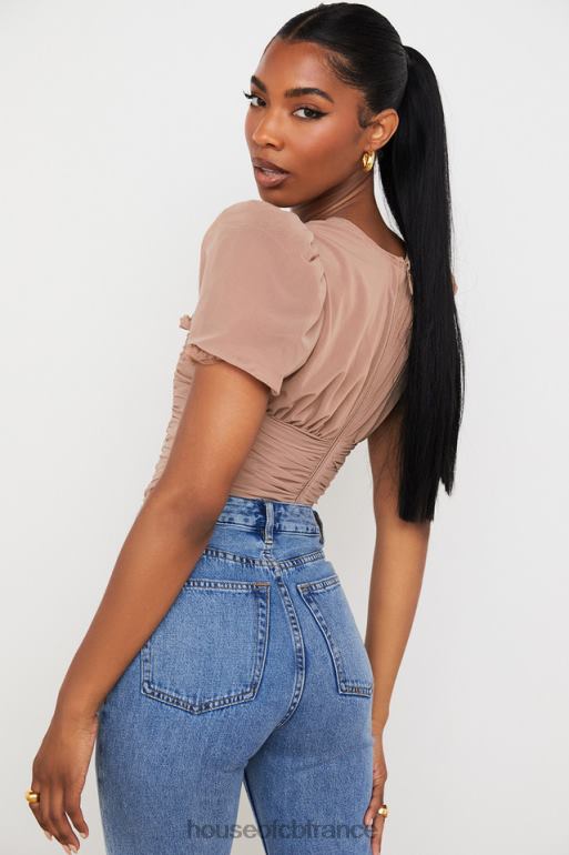 House of CB Nora tan - corset froncé à manches bouffantes en maille N888H90 vêtements