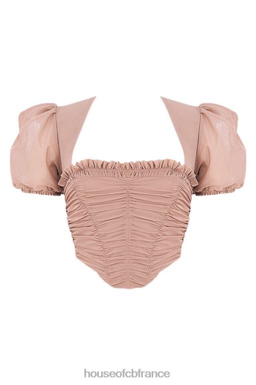 House of CB Nora tan - corset froncé à manches bouffantes en maille N888H90 vêtements