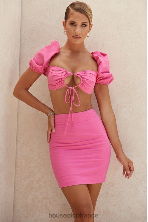 House of CB haut corset à manches bouffantes en lin rose Lisette N888H103 vêtements