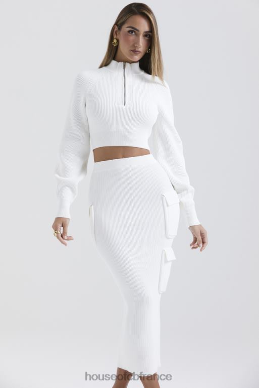 House of CB pull côtelé blanc à manches ballon reeva N888H659 vêtements