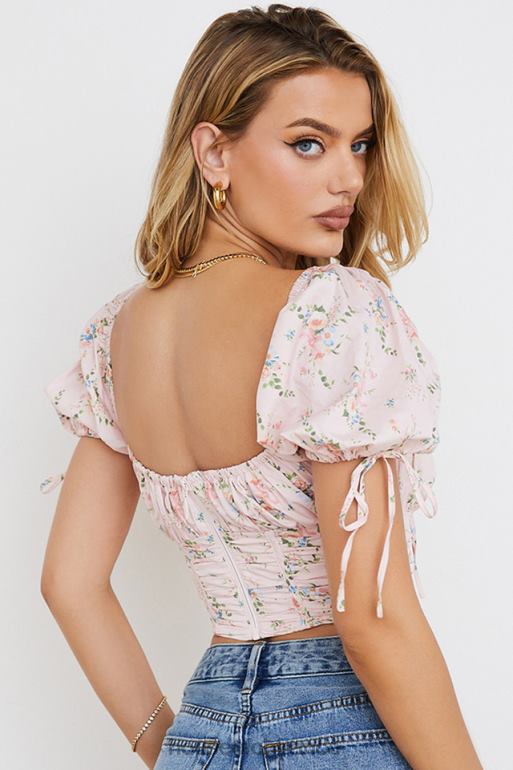 House of CB Haut corset rose à fleurs et manches bouffantes Gracie N888H743 vêtements