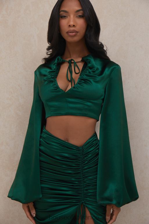 House of CB Vandra - Haut à manches ballon en satin vert émeraude N888H772 vêtements