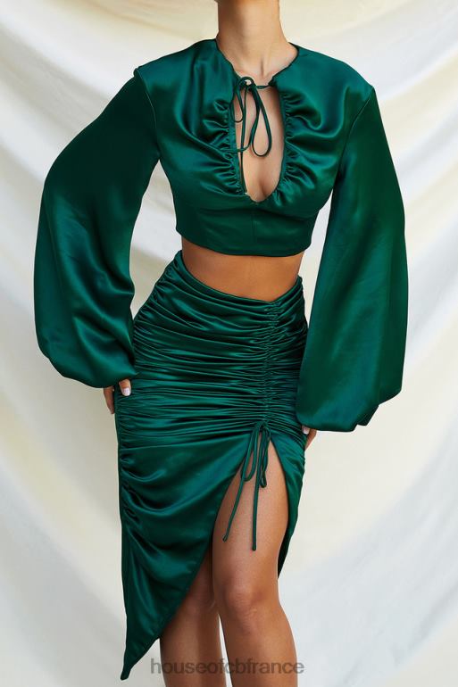 House of CB Vandra - Haut à manches ballon en satin vert émeraude N888H772 vêtements