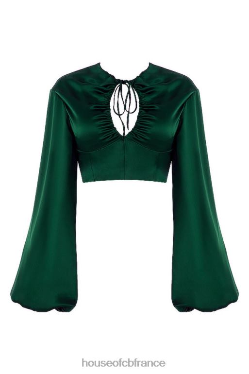 House of CB Vandra - Haut à manches ballon en satin vert émeraude N888H772 vêtements