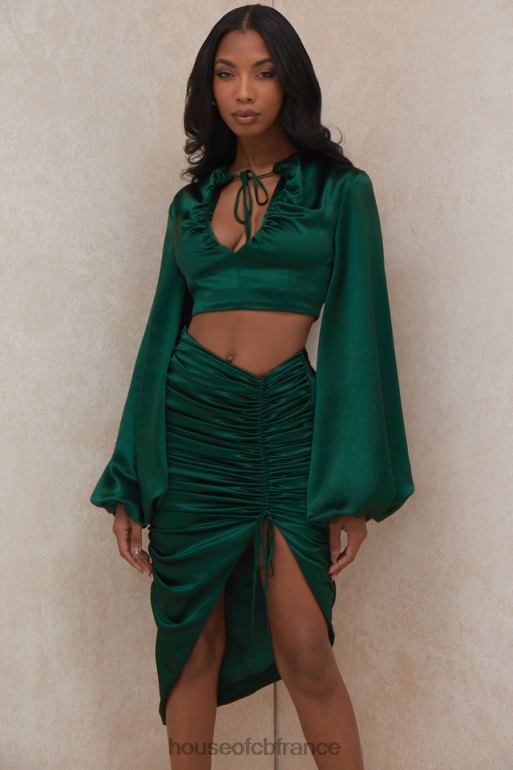 House of CB Vandra - Haut à manches ballon en satin vert émeraude N888H772 vêtements