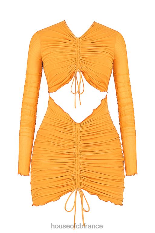 House of CB Jeanelle - Mini-robe orange en tulle froncé à manches longues et découpe N888H533 vêtements