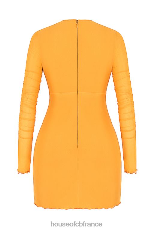 House of CB Jeanelle - Mini-robe orange en tulle froncé à manches longues et découpe N888H533 vêtements
