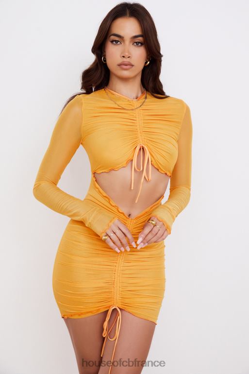 House of CB Jeanelle - Mini-robe orange en tulle froncé à manches longues et découpe N888H533 vêtements
