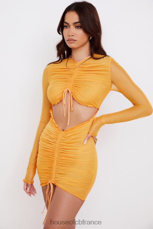 House of CB Jeanelle - Mini-robe orange en tulle froncé à manches longues et découpe N888H533 vêtements