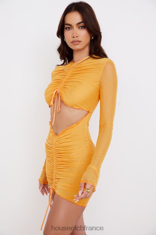 House of CB Jeanelle - Mini-robe orange en tulle froncé à manches longues et découpe N888H533 vêtements