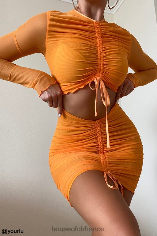 House of CB Jeanelle - Mini-robe orange en tulle froncé à manches longues et découpe N888H533 vêtements