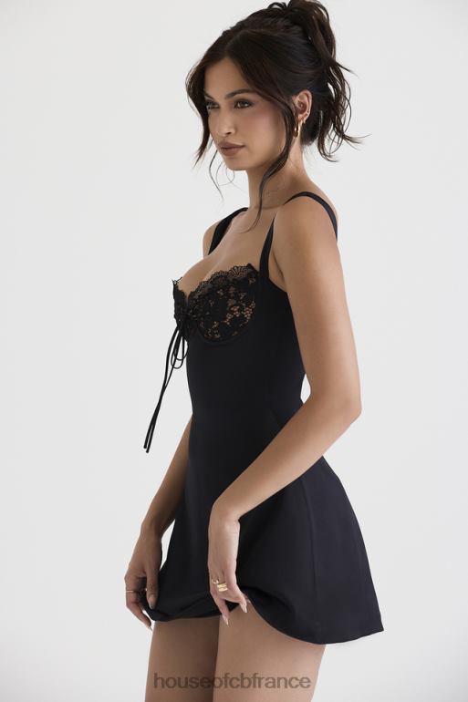 House of CB mini-robe noire en satin et dentelle Adriana N888H385 vêtements