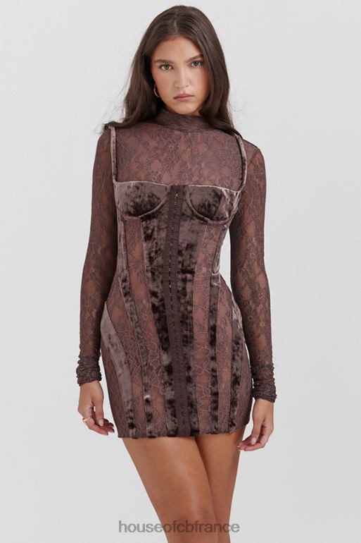 House of CB robe corset en velours et dentelle marron Marica N888H138 vêtements