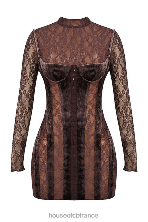 House of CB robe corset en velours et dentelle marron Marica N888H138 vêtements