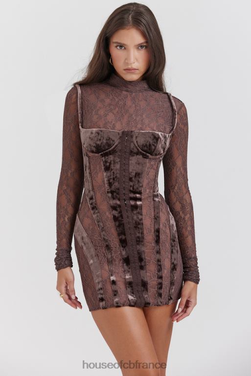 House of CB robe corset en velours et dentelle marron Marica N888H138 vêtements