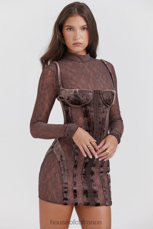 House of CB robe corset en velours et dentelle marron Marica N888H138 vêtements