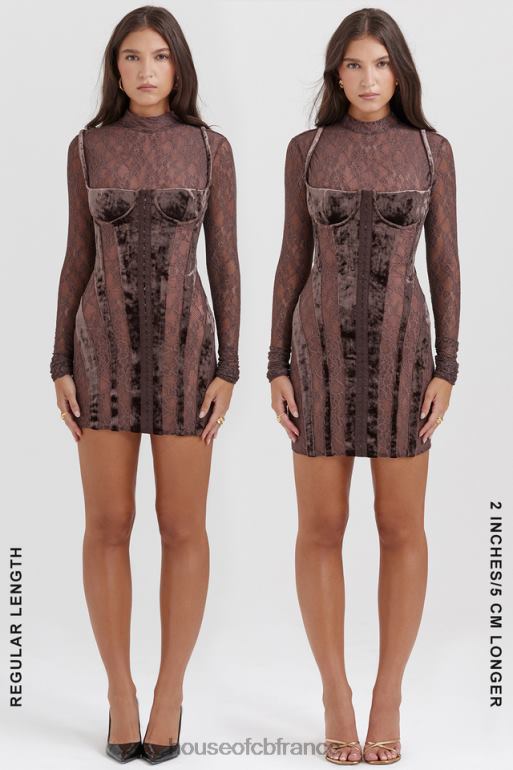House of CB robe corset en velours et dentelle marron Marica N888H138 vêtements