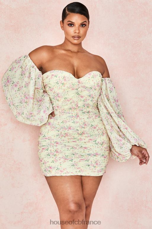 House of CB robe corset froncée à fleurs citron Giovanna N888H610 vêtements