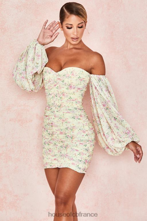 House of CB robe corset froncée à fleurs citron Giovanna N888H610 vêtements