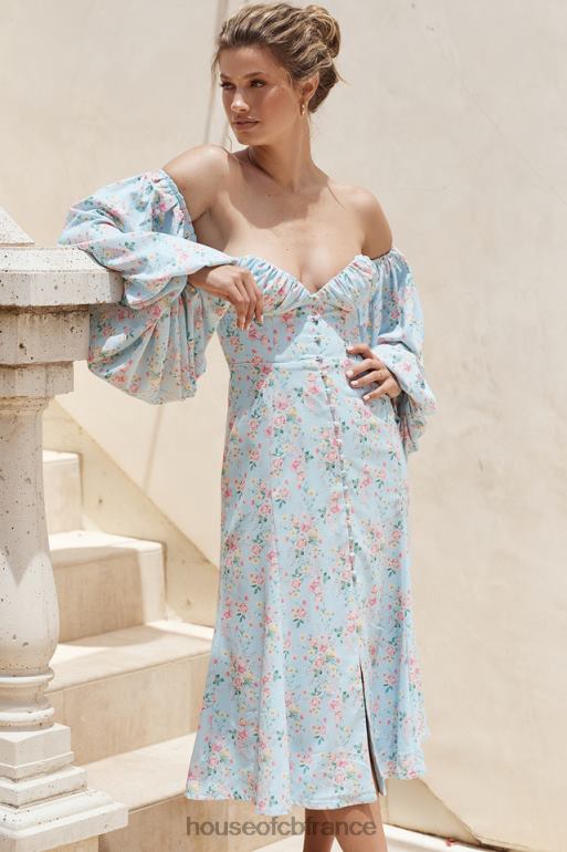 House of CB Hope - Robe d\'été midi style Bardot bleue à fleurs N888H608 vêtements