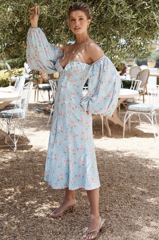House of CB Hope - Robe d\'été midi style Bardot bleue à fleurs N888H608 vêtements
