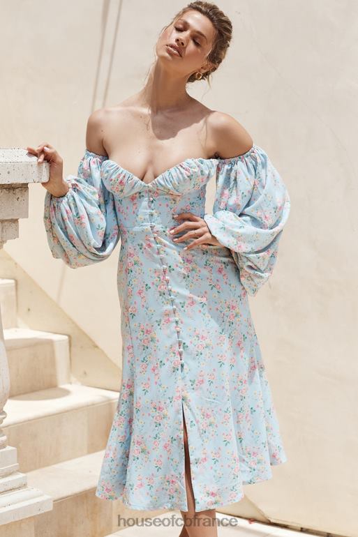 House of CB Hope - Robe d\'été midi style Bardot bleue à fleurs N888H608 vêtements