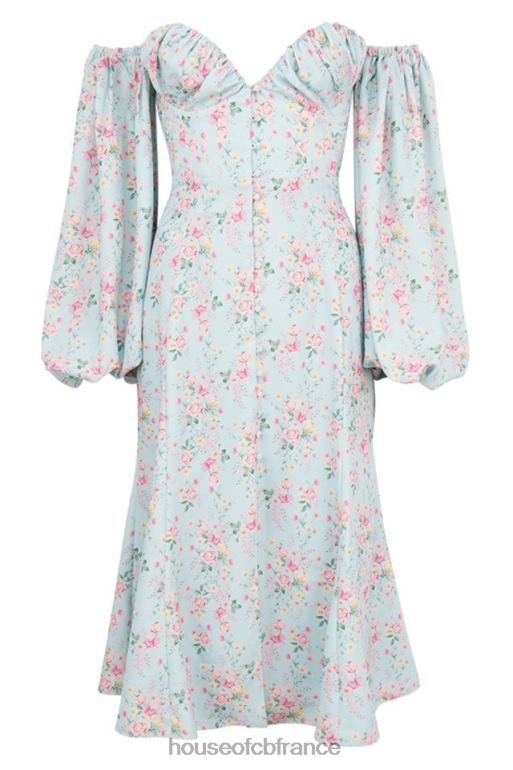 House of CB Hope - Robe d\'été midi style Bardot bleue à fleurs N888H608 vêtements