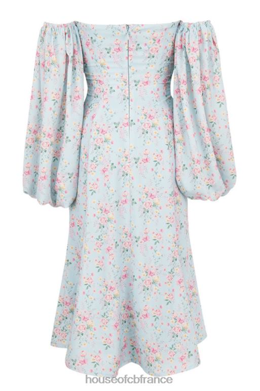 House of CB Hope - Robe d\'été midi style Bardot bleue à fleurs N888H608 vêtements