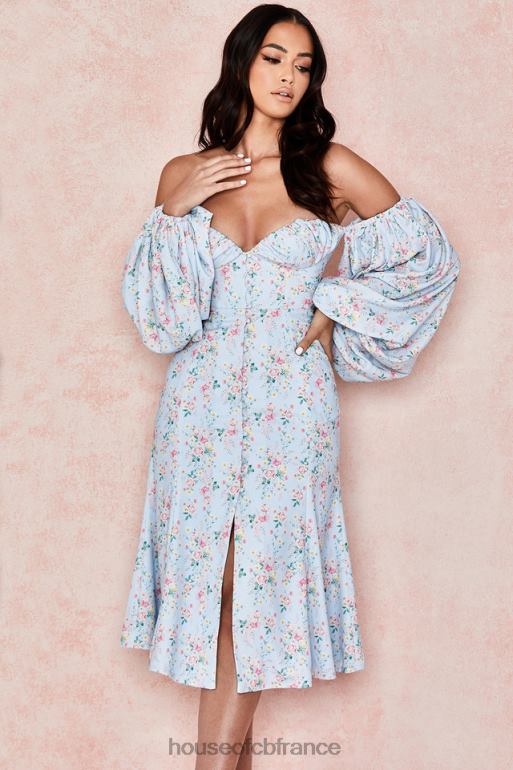 House of CB Hope - Robe d\'été midi style Bardot bleue à fleurs N888H608 vêtements