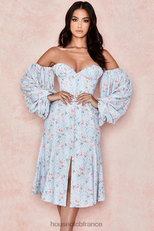 House of CB Hope - Robe d\'été midi style Bardot bleue à fleurs N888H608 vêtements