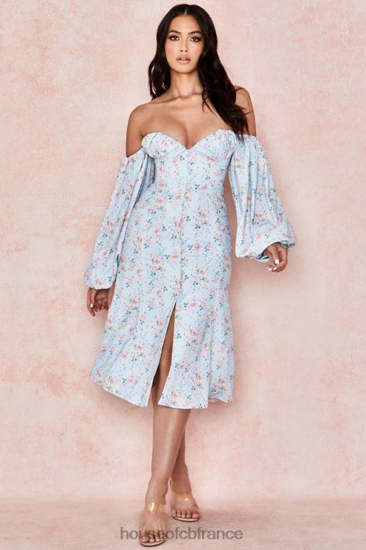 House of CB Hope - Robe d\'été midi style Bardot bleue à fleurs N888H608 vêtements