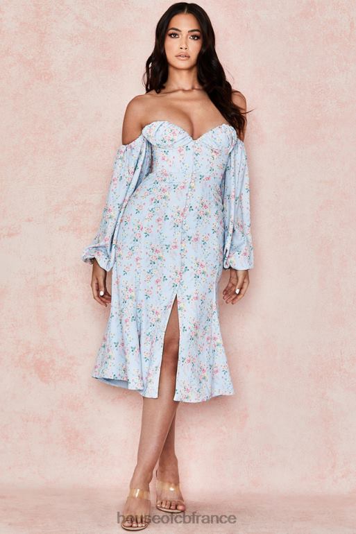 House of CB Hope - Robe d\'été midi style Bardot bleue à fleurs N888H608 vêtements